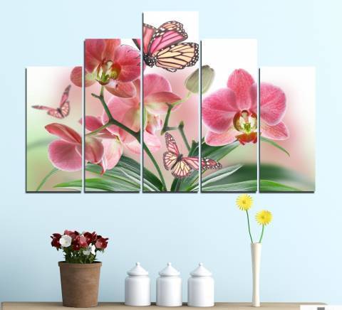 Декоративно пано за стена от 5 части - Рисувана розова орхидея - HD-365 - снимка 2