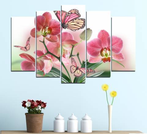 Декоративно пано за стена от 5 части - Рисувана розова орхидея - HD-365