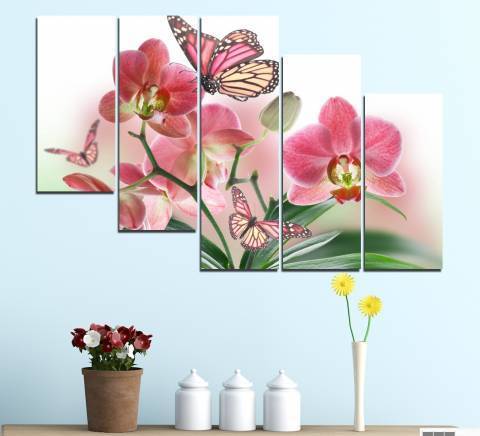 Декоративно пано за стена от 5 части - Рисувана розова орхидея - HD-365 - снимка 4