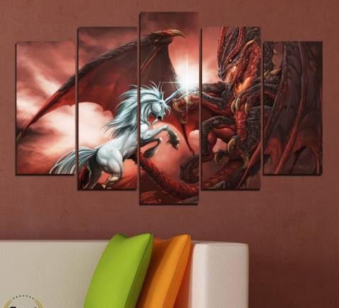 Картина пано за стена от 5 части - Еднорог срещу дракон - HD-275 - снимка 1