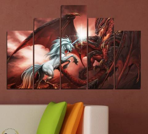 Картина пано за стена от 5 части - Еднорог срещу дракон - HD-275 - снимка 2