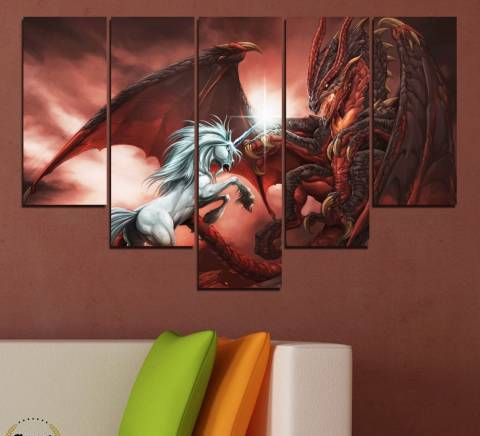 Картина пано за стена от 5 части - Еднорог срещу дракон - HD-275 - снимка 3
