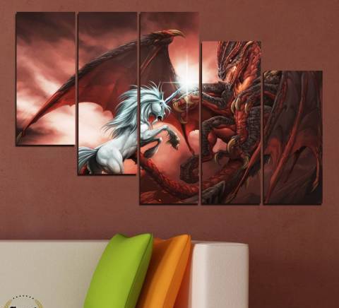 Картина пано за стена от 5 части - Еднорог срещу дракон - HD-275 - снимка 4
