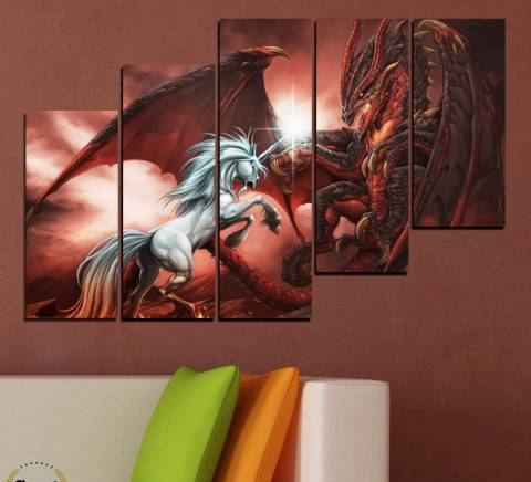 Картина пано за стена от 5 части - Еднорог срещу дракон - HD-275 - снимка 5