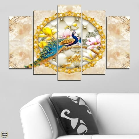 Декоративно пано - картина за стена от 5 части - Двойка пъстри пауни. HD-5054