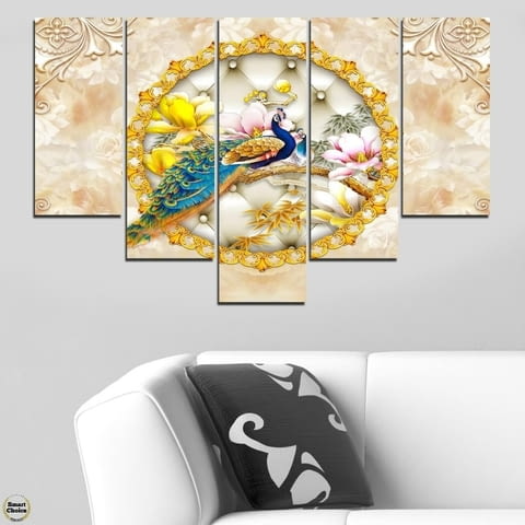 Декоративно пано - картина за стена от 5 части - Двойка пъстри пауни. HD-5054 - снимка 3