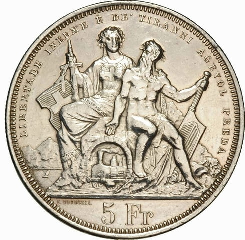 Монета Швейцария 5 Франка 1883 г Кантон Лугано aUNC, град Бургас | Нумизматика / Бонистика - снимка 1