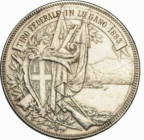 Монета Швейцария 5 Франка 1883 г Кантон Лугано aUNC, град Бургас | Нумизматика / Бонистика - снимка 2