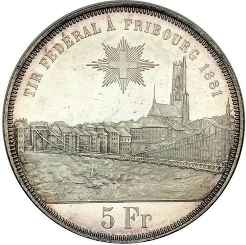 Монета Швейцария 5 Франка 1881 г Кантон Фрибург aUNC, city of Burgas | Numismatics - снимка 1