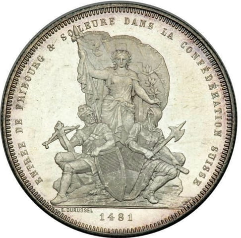Монета Швейцария 5 Франка 1881 г Кантон Фрибург aUNC, град Бургас | Нумизматика / Бонистика - снимка 2