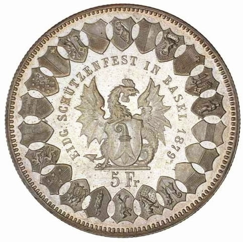 Монета Швейцария 5 Франка 1879 г. Кантон Базел aUNC, град Бургас | Нумизматика / Бонистика - снимка 1