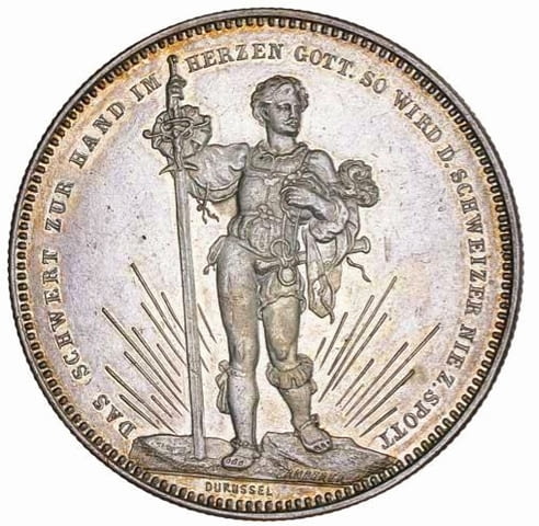 Монета Швейцария 5 Франка 1879 г. Кантон Базел aUNC, град Бургас | Нумизматика / Бонистика - снимка 2