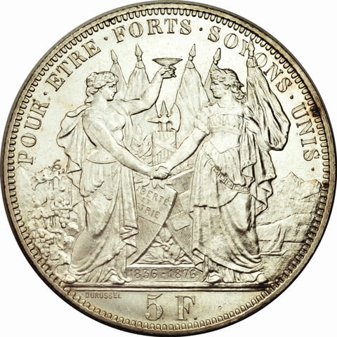 Монета Швейцария 5 Франка 1876 г Кантон Лозана aUNC, град Бургас | Нумизматика / Бонистика - снимка 1