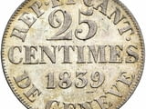 Сребърна монета Швейцария 25 Сантима 1839 г. Кантон Женева