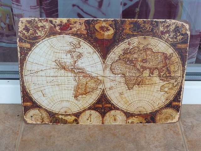 Карта метална табела Земно кълбо глобус стара атлас морета континенти - снимка 1