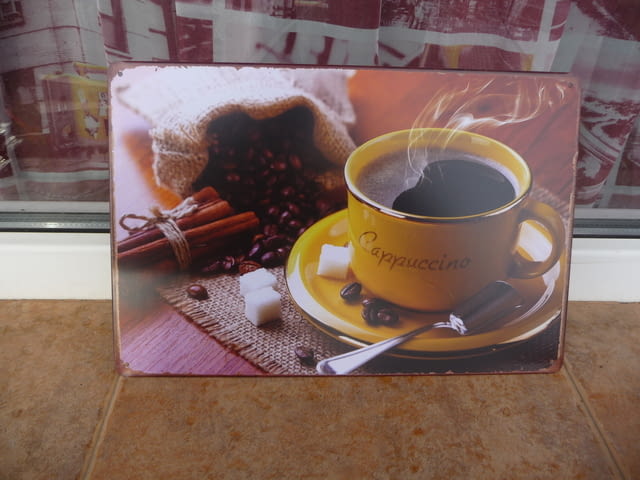 Метална табела кафе дълго капучино лъжичка зебло канап зърна, град Радомир - снимка 1