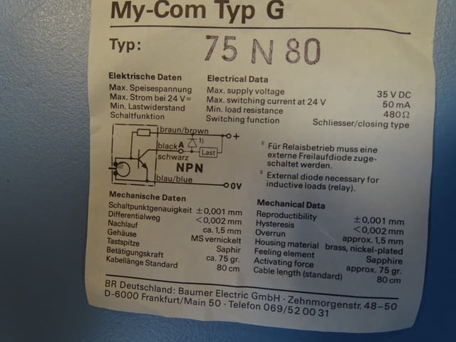 Микроизключвател Baumer Electric MY-COM typ G 75N80 precision switch - снимка 7