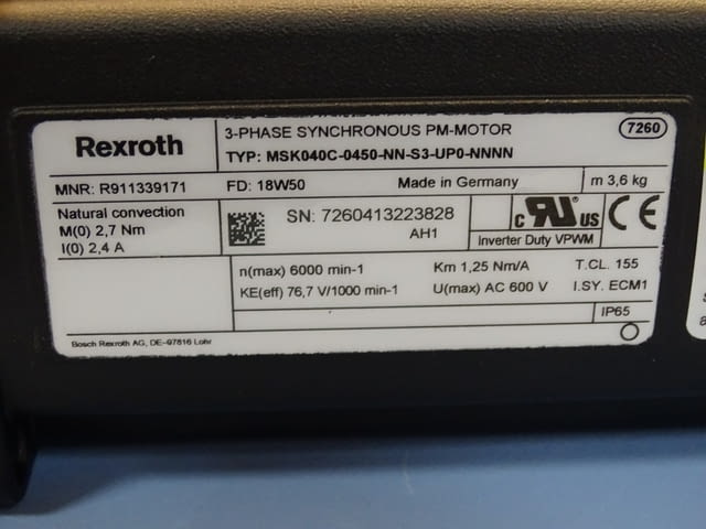 Серво мотор AC Bosch/Rexroth MSK040C-0450-NN-S3-UP0-NNNN 2.7Nm AC 600V servo motor - снимка 5