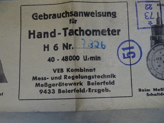Оборотометър механичен VEB Kombinat Hand-Tachometer TYP H6 40-48000min-1 - снимка 5