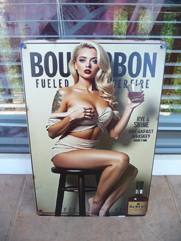 Метална табела уиски Bourbon еротика блондинка чаша столче бар - снимка 1