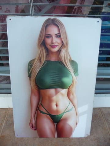 Метална табела еротика блондинка в зелено секси красива бельо изрязано - снимка 1