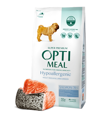 OptiMeal Dog Adult Hypoallergenic Salmon-Хипоалергенна пълноценна суха храна за възрастни кучета от