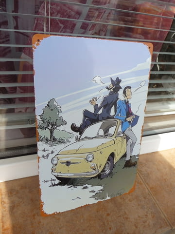 Метална табела кола фиат италианско фиатче рисунка младежи пушат цигари класика готина фенове любите - снимка 2