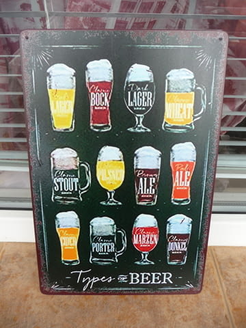 Метална табела Видове бира в чаши халби светло тъмно червено мътна крафт декор бар хубава пивка пиво - снимка 1