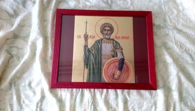 Икона на Свети вкм. Мина, репродукция с дървена рамка и стъкло - снимка 4