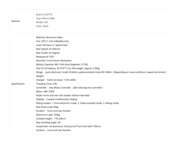 Електрически велосипед/колело DUOTTS C29 750W 15AH - град Разград | Други - снимка 7