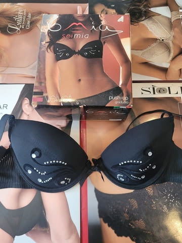 Seimia 70B италиански черен пуш-ап сутиен със свалящи подплънки push-up сут1иен със сребристи камъни - снимка 3