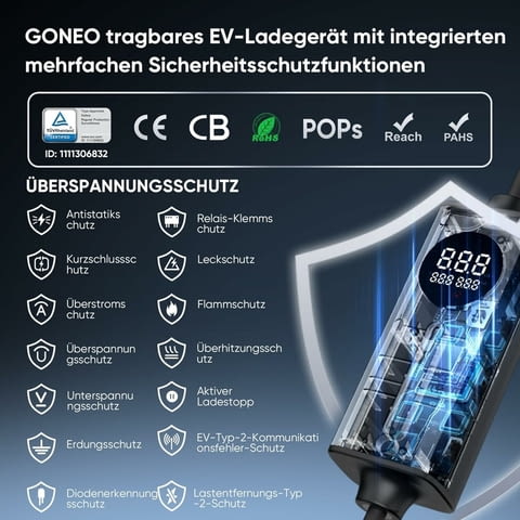 Заряден кабел GONEO тип 2 Schuko 3.68kW 16A 5M за електрически автомобили и Plug-in хибриди - снимка 2