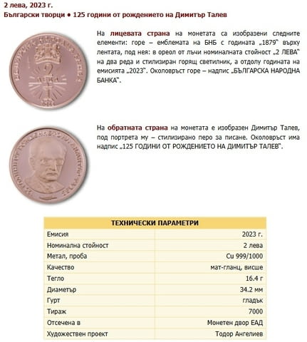 Монета 125 години от рождението на Димитър Талев, град Пловдив | Нумизматика / Бонистика