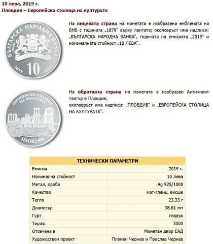 Монета Пловдив – Европейска столица на културата 10 лева 2019 г. –