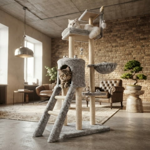 Котешка драскалка с къщичка, легло и платформи, 138 см, светлосива - снимка 1