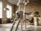 Котешка драскалка с къщичка, легло и платформи, 138 см, светлосива